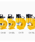 Heavy Duty Hydraulic Crimping Tool And Hole Punching Machine For Bus Bars High Speed Iron Working 374 Inch Depth 31 Ton Pressure Rust Resistant Steel Build Long Lasting Performance Comfortable Grip Design - Four hydraulic crimping tool models in yellow.