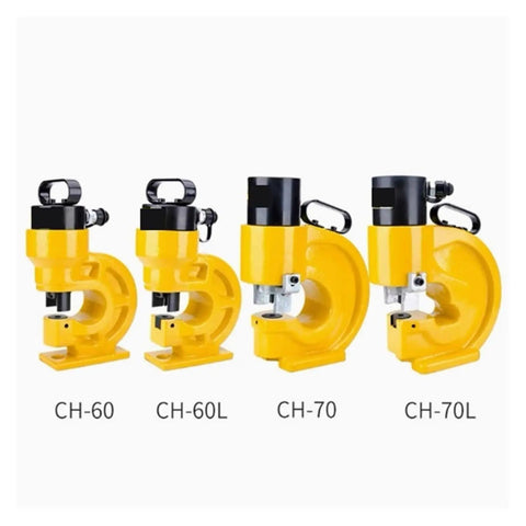 Heavy Duty Hydraulic Crimping Tool And Hole Punching Machine For Bus Bars High Speed Iron Working 374 Inch Depth 31 Ton Pressure Rust Resistant Steel Build Long Lasting Performance Comfortable Grip Design - Four hydraulic crimping tool models in yellow.