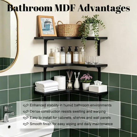 Bathroom setup with Heavy Duty 3 Tier Engineered Wood Storage Shelf And Display Rack For Kitchen Bedroom And Desk Space Saving Corner Wall Mounted Floating Organizer With Reinforced Metal Brackets