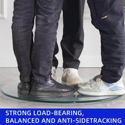 Super Smooth Tempered Glass Lazy Susan For Dining Table 360 Degrees Turntable underfoot, demonstrating strong load-bearing capacity.