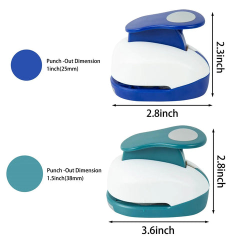 2 Piece Circle Cutter Set With 1.5 Inch And 1 Inch Punches For Paper Crafts, showing blue and teal punches with dimensions.