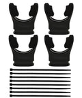 Four black silicone scuba mouthpieces and regulator ties for snorkeling and diving, reusable, wide compatibility shown