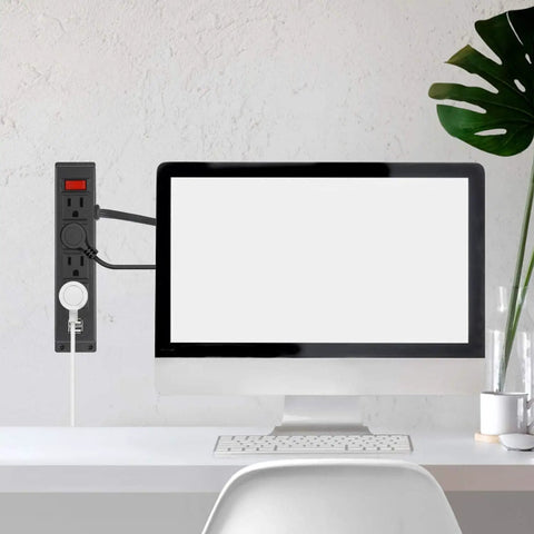 Under Desk Wall Mount Power Strip With Four Outlets And Two USB Ports, 6.56Ft Cord visible near computer monitor