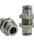 Close-up of 2-Pack 304 Stainless Steel Bulkhead Union Quarter Inch Tube OD Push-To-Connect Pneumatic Quick Connect Air Fitting