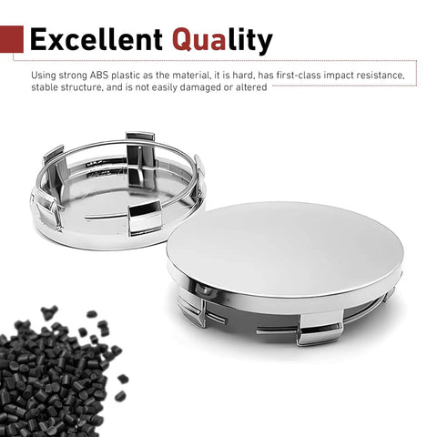 Slick Silver Wheel Center Caps Snap In Hub Covers For Cars And Suv Spruce Up Your Ride With Durable Universal Fit To Freshen Exterior Styling Quick Snap Fit Around Two Inch Inner Bore Smooth Metallic Trim showing ABS plastic material and design.