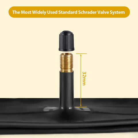 24 Inch Bike Tube With 32mm Schrader Valve Butyl Inner Tube 2 Pack Fits 24 X 2.125 To 24 X 2.40 MTB Mountain Bike Tires Includes 2 Tire Levers No Fuss For All Mountain Use showing close-up of Schrader valve and cap.