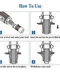 Illustrated steps for using Rivet Nut Kit With 413-Piece SAE UNC Assortment In Zinc Plated Carbon Steel Flat Head Nuts.