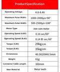 Product specification chart for Heavy Hit 35 Kg Metal Digital Servo With All Steel Gears And Cold Forged Aluminum Housing For Rc Cars.