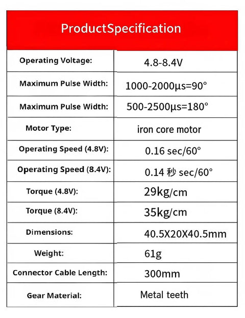 Product specification chart for Heavy Hit 35 Kg Metal Digital Servo With All Steel Gears And Cold Forged Aluminum Housing For Rc Cars.