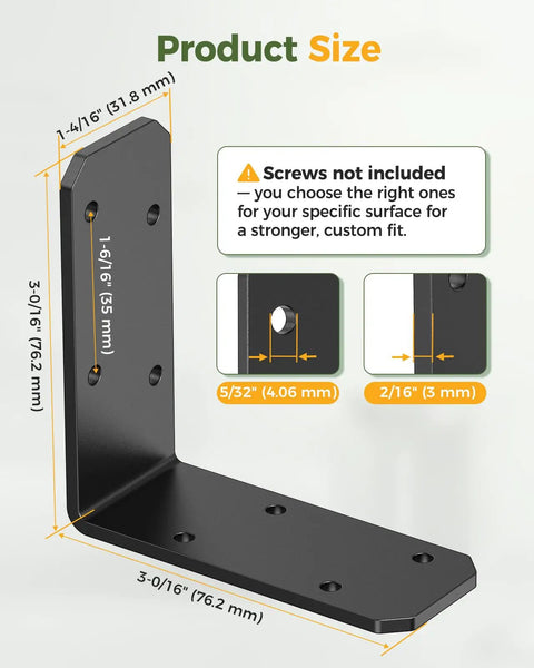 Heavy Duty 3x3x1.2 Inch L Brackets For Wood Shelves, Built Tough, Up To 150 Lbs Support, Black, 4 Pack, Pre Drilled Corner Braces For DIY Shelf Repair, Bowed Shelves, And Strong Shelf Support, product size diagram