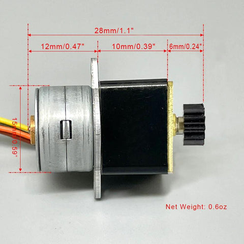 Side view of DC 5V 2-phase 4-wire micro stepper motor with 15mm diameter and 1:35 metal gearbox.