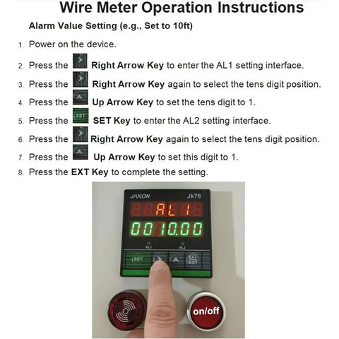 No Fuss Heavy Duty Digital Length Meter Counter Rolling Wheel Cable Wire Measuring Tool With Nailed It Precision And Loud Warning Alarm For Fast Finish Work Today operation instructions displayed on device screen.