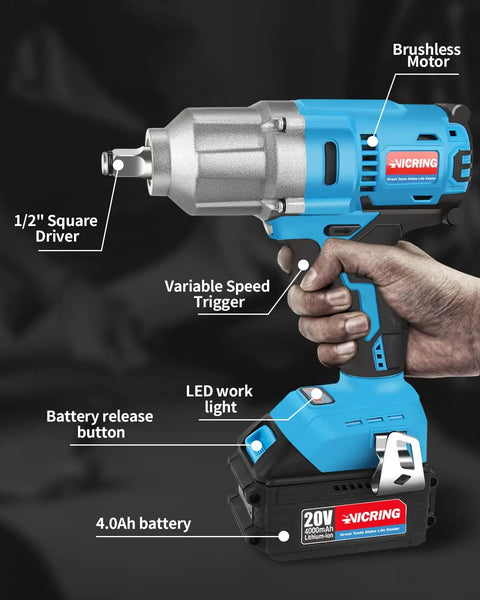 20V Cordless Impact Wrench Half Inch Drive With 370 Ft Lbs Torque Includes 4.0Ah Battery Fast Charger And 4 Sockets For Lug Nuts And Rusted Bolts No Sweat Tire Work showing brushless motor and LED light.