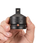 Three Quarter Inch Drive To One Half Inch Impact Reducer For Socket Sets With Ball Detent Retention held in hand, top view