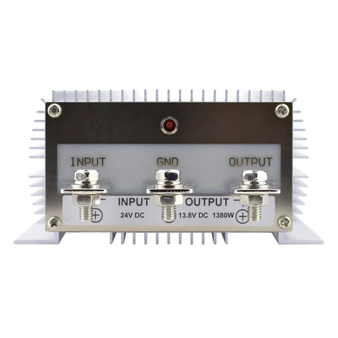 Front view of Heavy Duty 24V to 13.8V Buck Converter 100A 1380W Waterproof DC-DC Power Regulator, showing input and output terminals