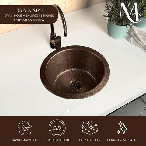 Hand Hammered Pure Copper Bar And Kitchen Sink, 12 Inch Essex Dual Mount Drop-In Or Undermount, Single Circular Dual Bowl