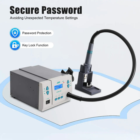 1000W Hot Air Rework Station With Digital Display, 212 to 932°F Temperature Range, 1 to 120 Level Air Flow, Secure Password Feature