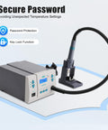 Powerful 1000W Hot Air Soldering Station with LCD Display showing security features, adjustable temperature control, three nozzles, 110V.