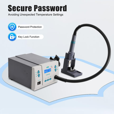 Powerful 1000W Hot Air Soldering Station with LCD Display showing security features, adjustable temperature control, three nozzles, 110V.