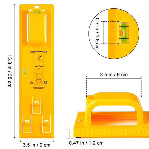 Picture Hanging Tool With Built In Level For An Easy No Fuss Frame Hanger Kit showing dimensions and features