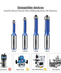 Four Flush Trim Router Bit Set With Half Inch Shank showing compatibility with electric routers and CNC machines