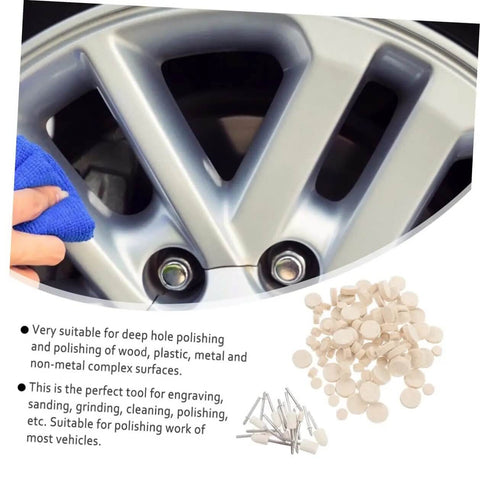 Close-up of 120 Piece Wool Felt Polishing Wheel Set With Arbor Shaft used for polishing car wheel rim.
