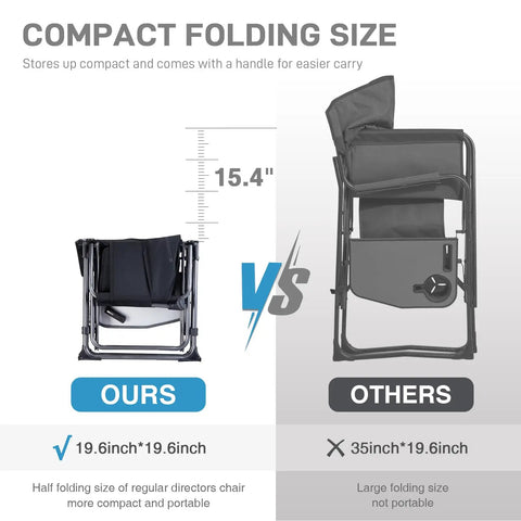 Dimensions comparison of compact foldable camping directors' chair with side table and pocket, black, vs larger chair.