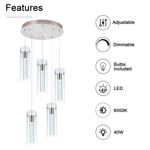 Champagne Bubble Pendant Lights 5 Light Kitchen Island Fixture With Dimmable 40W Integrated LED Modern Ceiling Hanging Light