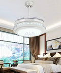 Cool 42 Inch Retractable Ceiling Fan With LED Light And Remote Control 4 Invisible Blades in bedroom interior