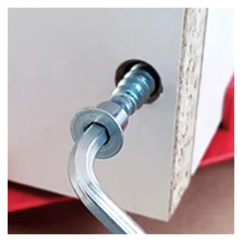 Close-up of 7x70mm Confirmat Screws For Furniture Hex Socket Self Tapping Zinc Plated Countersunk Wood Screws used in assembly.