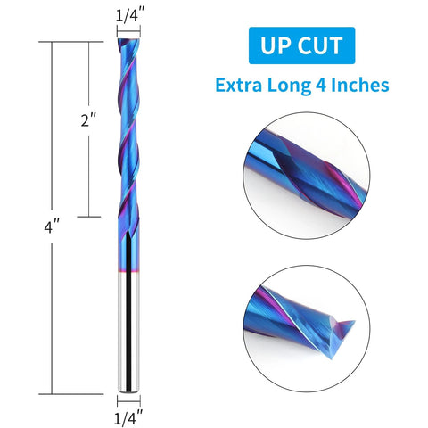 Front view: EANOSIC extra-long 4-inch upcut router bit, 1/4" shank, 1/4" diameter, solid carbide with NACO coating