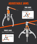 Front view of VEVOR hydraulic gear puller with orange handle and three jaws, 12-inch jaw, 15-ton capacity