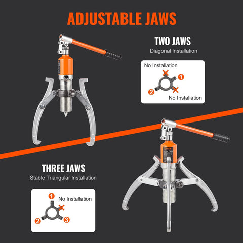 Front view of VEVOR hydraulic gear puller with orange handle and three jaws, 12-inch jaw, 15-ton capacity