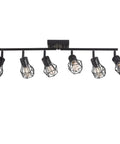 Black 6 Light Farmhouse Track Lighting Fixture With Metal Cage Design for ceilings in kitchens, living rooms, and dining rooms.