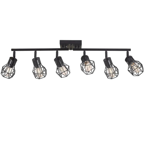 Black 6 Light Farmhouse Track Lighting Fixture With Metal Cage Design for ceilings in kitchens, living rooms, and dining rooms.