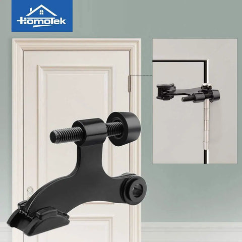 Super Sturdy Hinge Pin Door Stoppers 36 Pack Adjustable Wall Savers With Thick Rubber Cushions Fast Hassle Free Setup mounted on a door.