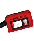Image of a red beefy heavy duty portable tool bag for lockout equipment with a clear window and keys, rugged polyester construction.