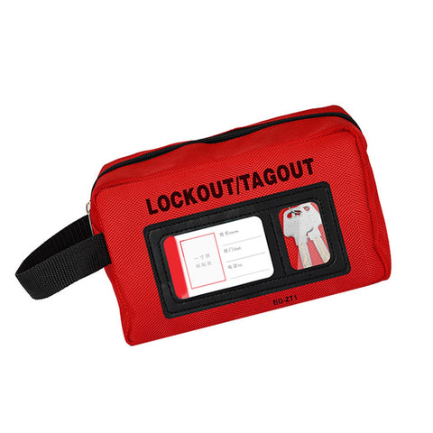 Image of a red beefy heavy duty portable tool bag for lockout equipment with a clear window and keys, rugged polyester construction.