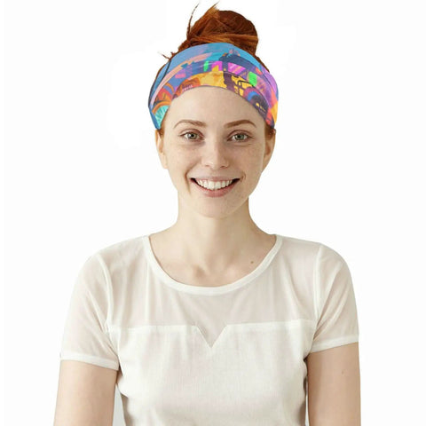 Flex Your Outdoor Setup With This Ultra Breezy Stretchy Neck Gaiter. Colorful headband worn by smiling woman in a white shirt.
