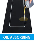Motorcycle Parking Mat For Garage Floor Washable No Slip Rug With Oil Absorbent Nylon Surface And Rubber Backing Keeps Your Floors Protected And Clean 78 By 31 Inch with oil being poured onto the nylon surface, demonstrating oil absorbency.