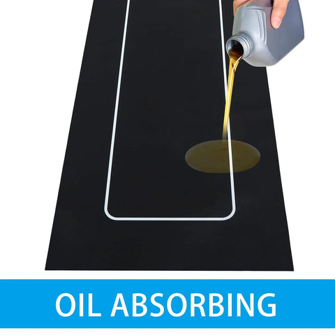Motorcycle Parking Mat For Garage Floor Washable No Slip Rug With Oil Absorbent Nylon Surface And Rubber Backing Keeps Your Floors Protected And Clean 78 By 31 Inch with oil being poured onto the nylon surface, demonstrating oil absorbency.