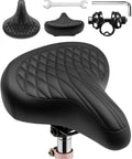 Oversized Wide Bike Seat For Men And Women With Comfy Soft Vintage Style Saddle And Waterproof Shock Absorbing Padding For Nine Point Eight Inch Wide shown with tools.