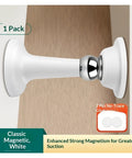 Ditch The Drill Grab This Gray Silicone Magnetic Door Stopper With Anti Collision Catch Holder For Smooth No Damage Installation On Bedroom And Indoor Doors Today. Detail of white magnetic door stopper mounted on wall.