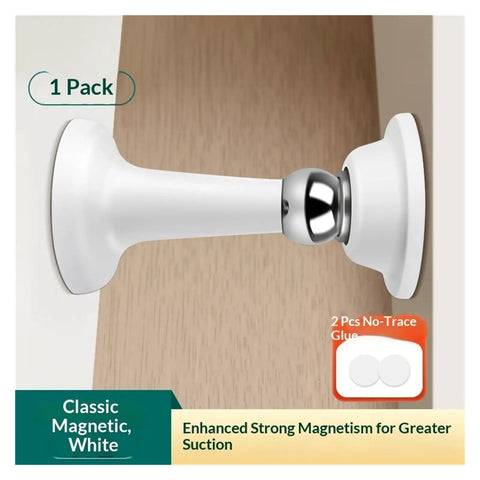 Ditch The Drill Grab This Gray Silicone Magnetic Door Stopper With Anti Collision Catch Holder For Smooth No Damage Installation On Bedroom And Indoor Doors Today. Detail of white magnetic door stopper mounted on wall.