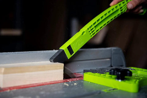 Two lime-green BOW PushPRO PP1 push blocks for table saws, EVA-tipped.