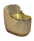 Modern Dual Flush Toilet Featuring Silent Vortex Flushing System And Soft Close Seat In Sleek Gold Bathroom Design, side view.