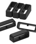 Rock Solid Silicone Keeper Rings For Watch Bands No Dangle Drama Quick Snap Retainer Clips in black, pack of 6, showing different angles.