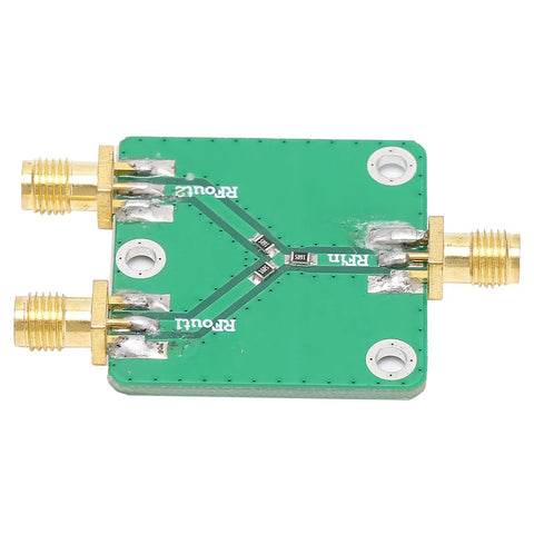 Real Deal Two Way RF Power Splitter Module And Signal Dividing PCB Board Offering Six Decibel Attenuation With Straight Up Reliable DC To Five Gigahertz Operation Period, featuring SMA ports and green double-sided PCB.
