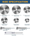 Six HSS drill saw blades for rotary tool with 1/8 in and 1/4 in shanks for wood, plastic, and aluminum cutting.