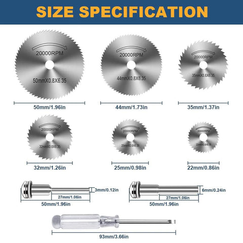 Six HSS drill saw blades for rotary tool with 1/8 in and 1/4 in shanks for wood, plastic, and aluminum cutting.